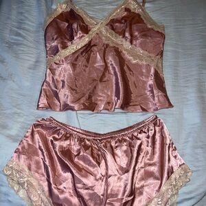 SHEIN Pink Satin Lace Trim Chemise Set